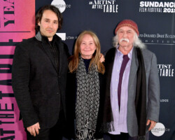 Director A.J. Eaton with musician David Crosby and Jan Dance on the pressline. Photographer: Neilson Barnard/WireImage