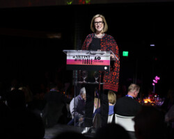 Sundance Institute Executive Director, Keri Putnam, shares remarks with artists and attendees at An Artist at the Table. Photographer: Ryan Kobane