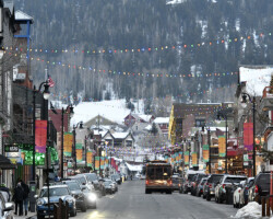 Banners for the 2022 Sundance Film Festival line Main Street in Park City UT. Photographer: Stephen Speckman