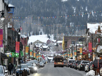 Banners for the 2022 Sundance Film Festival line Main Street in Park City UT. Photographer: Stephen Speckman