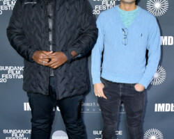 Nine Days director Edson Oda (right) poses with lead actor Winston Duke (left) on the press line for An Artist at the Table, presented by IMDbPro. Photographer: Michael Loccisano/Getty Images
