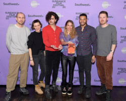 Filmmakers Matthew Killip, Daria Kashcheeva, Michael Arcos, Sofia Alaoui, Terrance Daye, and Dylan Holmes Williams celebrate their wins during the Shorts Program Awards and Party presented By Southwest Airlines. Photographer: Michael Loccisano/Getty Images