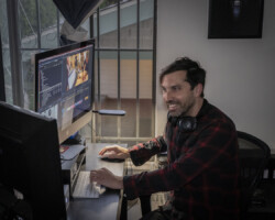 Lab fellow Nathan Duncan participating from home during the inaugural Art of Editing Lab. Photographer: Nathan Duncan