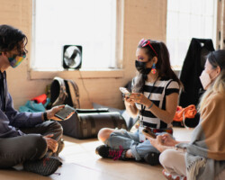 Lab fellows Nick Fortugno, Cat Rodriguez, and Yo-Yo Lin attend the 2022 Interdisciplinary Lab at MASS MoCA. Photo by Kaelan Burkett.
