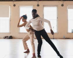 Lab fellows Yo-Yo Lin and Valencia James dance during the 2022 Interdisciplinary Lab at MASS MoCA. Photo by Kaelan Burkett.