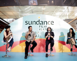 From left to right: Linda Gozali, Ahmad Mahendra, Susanti Dewi, and Vivian Idris convene for the 'Indonesia Ministries Film Programs And How They Benefit Filmmakers' panel conversation. Photographer: Herka Yanis Pangaribowo Four panelists sit on the Sundance stage