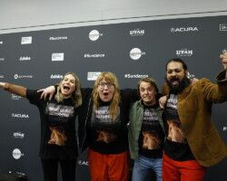 Marianne Ostrat, director Anna Hints, Ants Tammik, and Tushar Prakash celebrate winning the Directing Award: World Cinema Documentary for 'Smoke Sauna Sisterhood.' Photographer: Stephen Speckman