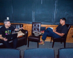Screenwriting fellow Walter Thompson-Hernández (right) consults creative advisor Virgil Williams (left) about his project ‘If I Go Will They Miss Me.’ Photographer: Jonathan Hickerson