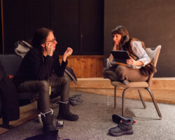 Creative advisor Eliza Hittman (right) speaks with lab fellow Hadas Ayalon (left) about her project ‘In A Minute You’ll Be Gone.’ Photographer: Jonathan Hickerson