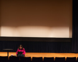 Screenwriting fellow Farida Zahran works on her project ‘The Leftover Ladies’ in the Screening Room. Photographer: Jonathan Hickerson