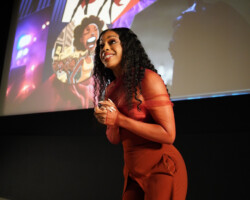 Lab fellow Britt Adams presents her Episodic project ‘Onyx’ at Pitch Parlor 2023 in Los Angeles, CA. Photographer: Oscar Moreno