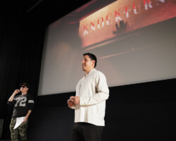 Justin Calen-Chenn (left) and Giancarlo Sánchez (right) pitch ‘KNOCKTURNAL’ at Pitch Parlor 2023. Photographer: Oscar Moreno