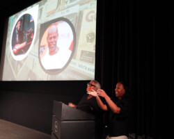 Ericka Blount Danois (right) and Elissa Blount Moorhead (left) interact with audience members while presenting ‘fiftyTWO’ at Pitch Parlor 2023. Photographer: Oscar Moreno