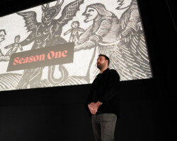 Episodic fellow Gianmarco Giacomelli presents his project ‘To Kill A Pope’ at Pitch Parlor 2023. Photographer: Oscar Moreno