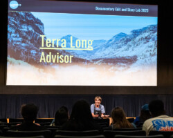 Creative advisor Terra Long gives a presentation to lab fellows in the screening room at the 2023 Documentary Edit & Story Lab. Photographer: Sam Emenogu
