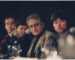 Documentary filmmakers Nick Broomfield, Renate Sachse, Patricio Guzmán, and Ken Burns during a panel at the 1998 Festival. Photo by Ken Regan