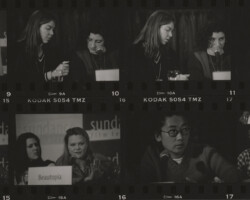 Documentary filmmakers and producers discuss their projects at the 1998 Sundance Film Festival: Liz Garbus and Stephen Stack (“The Farm”), Melanie Judd and Julia Loktev (“Moment of Impact”), Karen Bernstein and Timothy Greenfield-Sanders (“Lou Reed: Rock and Roll Heart”), Penny Stankiewicz and Katharina Otto-Bernstein (“Beautopia”), and Iara Lee and George Gund (“Modulations”). Photos by Sandria Miller