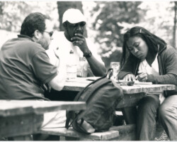 Creative advisors Michael Caton-Jones and Delroy Lindo meet with fellow Tanya Hamilton to talk about her project “Night Catches Us” during the 1999 Directors Lab. Photo by Dan Campbell