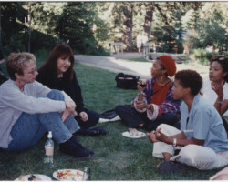 Feature Film Program Director Michelle Satter (front, left), Doreen Ringer Ross, actors Mary Alice and Tembi Locke, and fellow Attica Locke meet on the lawn during lunch at the 1999 Directors Lab. Photo by Sandria Miller