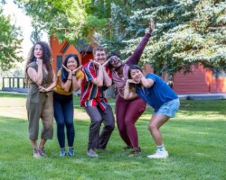Documentary Producers Lab fellows Wendy P. Espinal, Loi Ameera Almeron, Elijah Stevens, Crystal Isaac, and Nicole Tsien have a little fun for their group photo. Photo by Lance Roth
