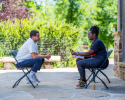 Documentary Producers Lab creative advisor Jamie Gonçalves meets with fellow Crystal Isaac to discuss her project 'Basketball Heaven.' Photo by Lance Roth