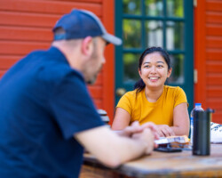 'Becoming Us' fellow Loi Ameera Almeron (right) discusses her project with creative advisor Lance Kramer at the 2025 Documentary Producers Lab. Photo by Lance Roth
