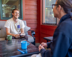 Documentary Producers Lab fellow Elijah Stevens discusses his 'Untitled Science Project' with creative advisor Diane Quon. Photo by Lance Roth