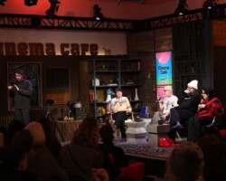 Moderator Stacey Wilson Hunt with panelists Moby, Iain Forsyth, and Jane Pollard during Cinema Cafe at the 2026 Sundance Film Festival. Photographer: Stephen Speckman