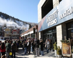 Atmosphere outside of the Audible Listening Lodge and Variety Studio off of Main Street. Photographer: Stephen Speckman