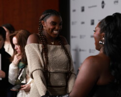 Zaria Amiyah Kelley and Danielle Brooks share a moment on the 'If I Go Will They Miss Me' press line. Photographer: Lauren Wester