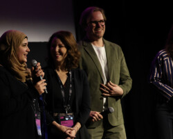 Film subject Isra’a, producer Raney Aronson-Rath, and directors Jack MacInnes and Itab Azzam attend the 'One In A Million' Q&A. Photographer: Lauren Hartmann