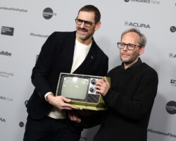 Director David Shadrack Smith and film subject Jake Fogelnest on the press line for 'Public Access.' Photographer: Gabriel Mayberry