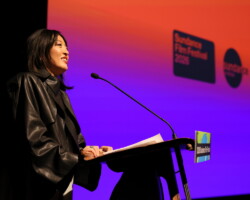 Director Cathy Yan introduces her film 'The Gallerist' at the Eccles Theatre. Photographer: Jemal Countess