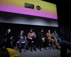 Director Macon Blair (far right) and 'The Shitheads' film team during the Q&A. Photographer: Lauren Hartmann