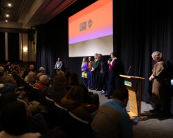 Director Sinéad O'Shea (2nd from right) and the film team respond to questions from the audience during the 'All About the Money' Q&A. Photographer: Sam Emenogu