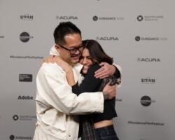 'undertone' director Ian Tuason and Nina Kiri share a hug on the press line. Photographer: Jason Peters