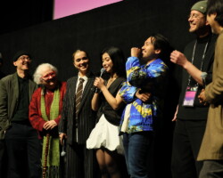 Director Kogonada (far right) along with the film team answer questions during the 'zi' Q&A. Photographer: Jemal Countess
