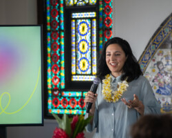 Fellow Khaula Haider Malik presents during the 2024 Building Bridges Artist Retreat. Photographer: Elyse Butler