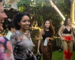 Artist Accelerator and Women at Sundance Institute Director Hajnal Molnar-Szakacs shares a laugh with fellows Fatima Wardy, Aqsa Altaf, and Mitha B. Alavi. Photographer: Elyse Butler