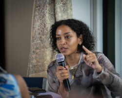 Fellow Fatima Wardy during a discussion at the 2024 Building Bridges Artist Retreat. Photographer: Elyse Butler