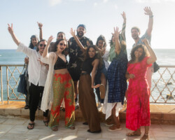 2024 Building Bridges fellows Samina Saifee, Habib Yazdi, Fatima Wardy, Mithra B. Alavi, Sherif Ibrahim, Aqsa Altaf, Kausar Mohammed, Khaula Haider Malik, Samia Khan-Bambrah, Colette Ghunim, and M. Akram Shibly have fun during a group photo. Photographer: Elyse Butler