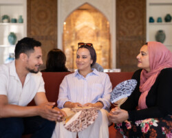 Fellows Omar Al Dakheel and Sahar Jahani with Islamic Scholarship Fund Film Director Iman Zawahry during the 2025 Building Bridges Artist Retreat. Photographer: Elyse Butler