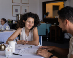 Fellows Aya Hamdan and Omar Al Dakheel during a discussion. Photographer: Elyse Butler