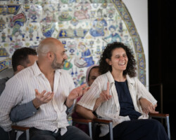 Fellows Tarek Albaba and Aya Hamdan (front) have a little fun with fellows Mustafa Eck and Sahar Jahani (behind) during a group activity. Photographer: Elyse Butler