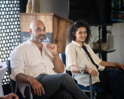Fellows Tarek Albaba and Aya Hamdan during the 2025 Building Bridges Artist Retreat. Photographer: Elyse Butler