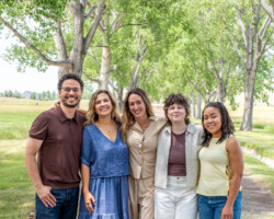 Fellows Sean Weiner, Natalie Remplakowski, Marie Rodriguez, Kara Grace Miller and Jaelyn Ellis step outside for a group photo at the 2026 Feature Film Producers Lab. Photographer: Jenae Neeson