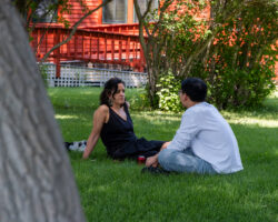 Creative advisor Gema Juárez Allen chats one-on-one with producer Hansen Lin ('God Lives Here') on the lawn. Photographer: Jenae Neeson