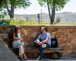 'How Not to Drown in a Glass of Water' producer Marie Rodriguez and creative advisor Eugene Pikulin catch some rays during a meeting. Photographer: Jenae Neeson