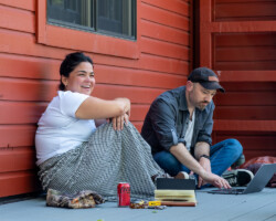 'Yosi' producer Vero Kompalic enjoys some fresh air with creative advisor Lance Kramer at the 2026 Documentary Film Producers Lab. Photographer: Jenae Neeson