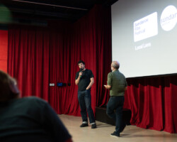 Director Adam Meeks answers questions about his film 'Union County' during its introduction with programmer Basil Tsiokos. Photographer: Breanna Downs